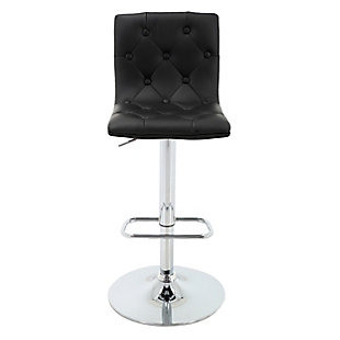 Add elegance and style to your bar area, kitchen or lounge with the Bentley adjustable stool set. It upgrades the look of any entertainment area with beauty, versatility and comfort. The Bentley’s slip chair design, with a gently arched, button-tufted seat and backrest, creates an atmosphere of relaxed living. Swivel the seat 360 degrees to make it easier sit where space is limited. Raise or lower the seat from counter to bar height with a simple, one touch gas-lift height adjustment. The faux leather upholstery is easy to clean, and the generous cushioned foam seat provides hours of comfort. The pedestal-mounted footrest offers stylish support. Each Bentley bar stool is supported on a chrome-tone cast iron pedestal. Its heavy-duty base is fitted with rubber footings to prevent scratches on floors and help reduce noise while moving the chair.Set of 2 | Made of durable powdercoated steel | Features easy-to-clean faux leather upholstery on cushioned foam seat | 360-degree swivel seat provides versatility, convenience, comfort and ease of use  | Gas lift adjustable-height seat  | Quiet no-slip, scratch-proof footings reduce noise when the stool is moved and prevent scuffing and scratching of floors  | Assembly required