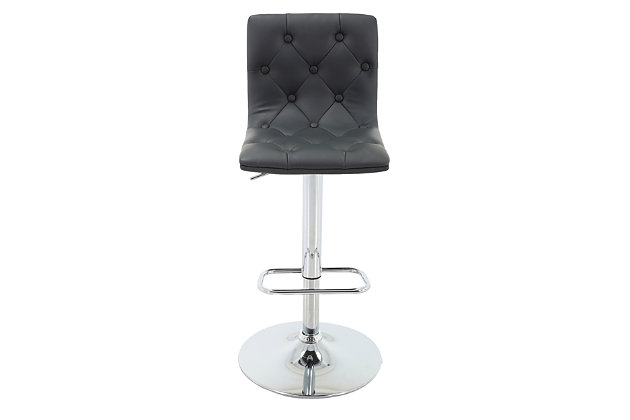 Add elegance and style to your bar area, kitchen or lounge with the Bentley adjustable stool set. It upgrades the look of any entertainment area with beauty, versatility and comfort. The Bentley’s slip chair design, with a gently arched, button-tufted seat and backrest, creates an atmosphere of relaxed living. Swivel the seat 360 degrees to make it easier sit where space is limited. Raise or lower the seat from counter to bar height with a simple, one touch gas-lift height adjustment. The faux leather upholstery is easy to clean, and the generous cushioned foam seat provides hours of comfort. The pedestal-mounted footrest offers stylish support. Each Bentley bar stool is supported on a chrome-tone cast iron pedestal. Its heavy-duty base is fitted with rubber footings to prevent scratches on floors and help reduce noise while moving the chair.Set of 2 | Made of durable powdercoated steel | Features easy-to-clean faux leather upholstery on cushioned foam seat | 360-degree swivel seat provides versatility, convenience, comfort and ease of use  | Gas lift adjustable-height seat  | Quiet no-slip, scratch-proof footings reduce noise when the stool is moved and prevent scuffing and scratching of floors  | Assembly required