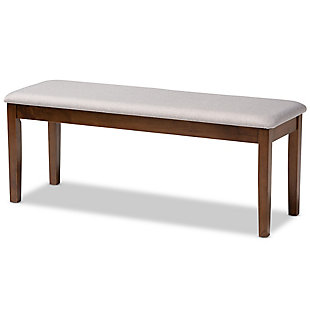 Add casual elegance to your dining room set up with the Teresa dining bench. This bench is constructed from sturdy wood, with its warm walnut brown finish complementing the soft, gray fabric upholstery. An optimal balance of comfort and style, this bench features a plush foam-padded seat, as well as long, straight legs that enable ample leg room. The Teresa dining bench is well suited for both casual and formal dining.Made of oak wood and rubberwood | Walnut brown finish | Upholstered in polyester fabric and padded with foam | Straight legs | Assembly required