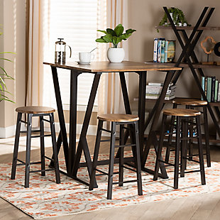 Add rustic charm to any home bar or lounge with the Richard pub set. This set includes four bar stools and one pub table. Walnut finished wood is paired with black metal to give each piece cool, industrial appeal. Designed with style and versatility in mind, the table features a striking geometric frame, as well as an extension that can be swiftly folded down when not in use. Ergonomic footrests are fitted onto each stool to provide a comfortable dining experience. The Richard pub set is the prime choice for creating a cozy, casual dining space.Includes 4 stools and 1 table | Made of engineered wood and metal | Walnut finish | Black frame | Extendable square tabletop | Ergonomic foot rests | Assembly required | Set ships together in one box