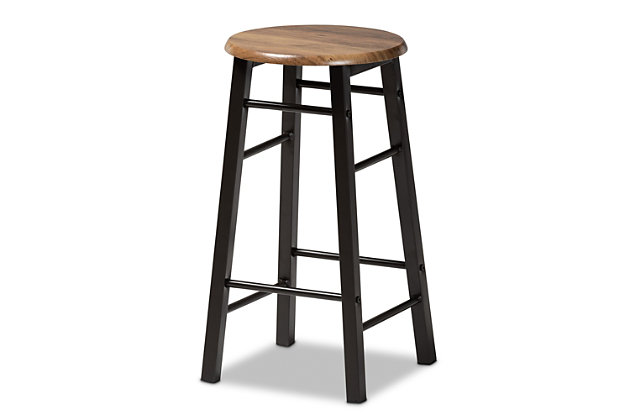 Add rustic charm to any home bar or lounge with the Richard pub set. This set includes four bar stools and one pub table. Walnut finished wood is paired with black metal to give each piece cool, industrial appeal. Designed with style and versatility in mind, the table features a striking geometric frame, as well as an extension that can be swiftly folded down when not in use. Ergonomic footrests are fitted onto each stool to provide a comfortable dining experience. The Richard pub set is the prime choice for creating a cozy, casual dining space.Includes 4 stools and 1 table | Made of engineered wood and metal | Walnut finish | Black frame | Extendable square tabletop | Ergonomic foot rests | Assembly required | Set ships together in one box