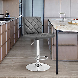 The Duval Adjustable Faux Leather Swivel Bar & Counter Stool from Armen Living is the perfect new addition to your beautiful home. The marvelous diamond-stitch design etched into the chair back and seat gives this piece an exceptional look. The bar stool chair is crafted with a metal column and foam cushions on the back and bottom seat, giving you the opportunity to enjoy your meals in complete comfort. The Duval features a full 360-degree swivel function that increases the mobility of your stool. The Duval is also fitted with a hydraulic lever to adjust your seat to the height of your choosing. The Duval is available with a Chrome base and Grey faux leather upholstery or a Matte Black base and your choice of Grey, Red, White, or Blue faux leather upholstery.Swivel stool - it can be tough crafting the perfect stool for our customers, we are always thinking of the most unique ideas for the best user experience. Providing these features is one way we can do this and help exceed your expectations. The wonderful full 360-degree swivel function allows for maximum mobility. The smooth glide swivel function allows you to change directions with ease, making this your new favorite stool in your home! | Adjustable height - move the gas lever right underneath the seat to adjust to your preferred height with ease! The lifting mechanism is seamless and works perfectly. You can adjust to different heights and remain stable and controlled while doing so. | Intricate design - not only does this bar stool have the style you are looking for, but it has an intricately designed pattern featured in the upholstery that is a work of art within itself. This wonderful additional feature adds so much to this already beautiful stool. | Comfortable form - this stool was designed with ergonomic principles, shaping around your back with a wide seat for extra room. The soft foam-padded cushions offer extreme comfort, which helps to support and relax your back and body.