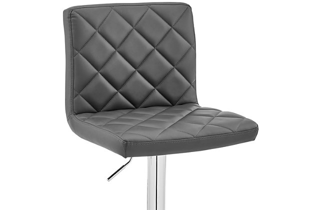 The Duval Adjustable Faux Leather Swivel Bar & Counter Stool from Armen Living is the perfect new addition to your beautiful home. The marvelous diamond-stitch design etched into the chair back and seat gives this piece an exceptional look. The bar stool chair is crafted with a metal column and foam cushions on the back and bottom seat, giving you the opportunity to enjoy your meals in complete comfort. The Duval features a full 360-degree swivel function that increases the mobility of your stool. The Duval is also fitted with a hydraulic lever to adjust your seat to the height of your choosing. The Duval is available with a Chrome base and Grey faux leather upholstery or a Matte Black base and your choice of Grey, Red, White, or Blue faux leather upholstery.Swivel stool - it can be tough crafting the perfect stool for our customers, we are always thinking of the most unique ideas for the best user experience. Providing these features is one way we can do this and help exceed your expectations. The wonderful full 360-degree swivel function allows for maximum mobility. The smooth glide swivel function allows you to change directions with ease, making this your new favorite stool in your home! | Adjustable height - move the gas lever right underneath the seat to adjust to your preferred height with ease! The lifting mechanism is seamless and works perfectly. You can adjust to different heights and remain stable and controlled while doing so. | Intricate design - not only does this bar stool have the style you are looking for, but it has an intricately designed pattern featured in the upholstery that is a work of art within itself. This wonderful additional feature adds so much to this already beautiful stool. | Comfortable form - this stool was designed with ergonomic principles, shaping around your back with a wide seat for extra room. The soft foam-padded cushions offer extreme comfort, which helps to support and relax your back and body.