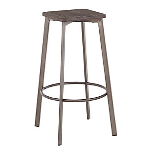 A modern silhouette with an industrial flair, the Clara Square Bar Stool showcases stylish elements that will fit seamlessly with your industrial décor. Featuring a stationary backless design, a built-in footrest, and an antique metal base accented by an espresso distressed wood square seat. Sold in sets of two and available in a variety of color options, choose the one that fits your space the best.Industrial styling | Fixed bar height | Built-in footrest | Sturdy metal construction | Includes two bar stools