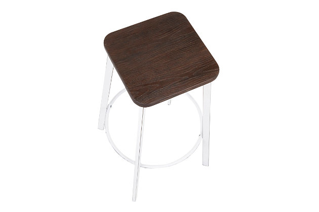 A modern silhouette with an industrial flair, the Clara Square Bar Stool showcases stylish elements that will fit seamlessly with your industrial décor. Featuring a stationary backless design, a built-in footrest, and an antique metal base accented by an espresso distressed wood square seat. Sold in sets of two and available in a variety of color options, choose the one that fits your space the best.Industrial styling | Fixed bar height | Built-in footrest | Sturdy metal construction | Includes two bar stools