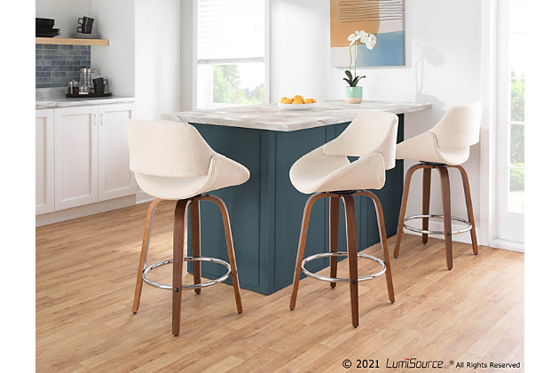 The wide and welcoming seat of the LumiSource Fabrico Counter Stool beckons one to sit and relax. A curved back and contoured upholstered seat is accented by flared walnut wood legs that add to the stylish yet comfortable design. Available in a variety of upholstery colors, choose the one that suits your space best.Mid-century modern styling | Fixed counter height with 360 degree swivel seat | Padded seat and backrest for added comfort | Round built-in footrest with chrome finish | Includes two counter stools
