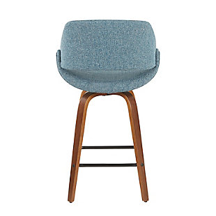 The wide and welcoming seat of the LumiSource Fabrico Counter Stool beckons one to sit and relax. A curved back and contoured upholstered seat is accented by flared walnut wood legs that add to the stylish yet comfortable design. Available in a variety of upholstery colors, choose the one that suits your space best.Mid-century modern styling | Fixed counter height with 360 degree swivel seat | Padded seat and backrest for added comfort | Round built-in footrest with black finish | Includes two counter stools