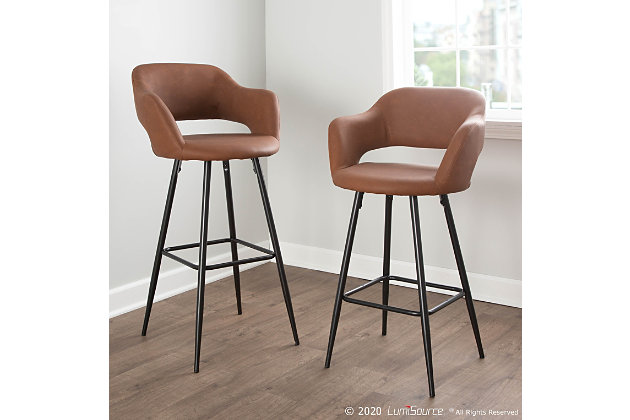 Inspired by contemporary design, the Margarite Counter Stool features a low backrest with a slight opening, ergonomically designed to fit your body, armrests for additional comfort and tapered black metal legs. Available in a variety of color options, choose the color that suits your space best!Contemporary styling | Fixed counter height | Sturdy metal legs | Stylish faux leather upholstery | Includes two counter stools