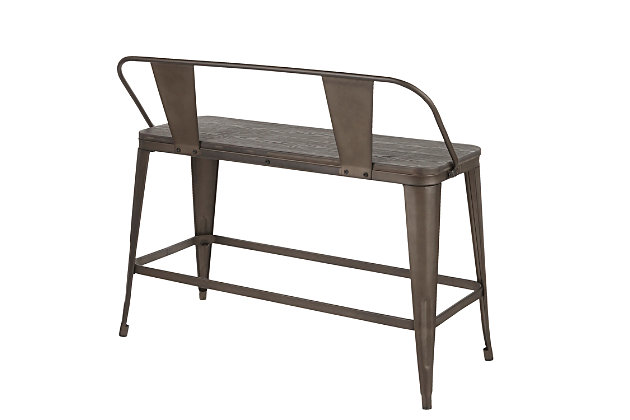 Versatile and stylish with an industrial feel, the LumiSource Oregon Counter Bench will take your space from drab to fab! Built to last, the Oregon Counter Bench is strong, yet lightweight, constructed from steel and wood. You'll love the rustic warehouse vibe combined with the timeworn charm.Industrial styling | Fixed counter height | Wood-pressed bamboo grain seat | Sturdy metal construction | Seats two comfortably