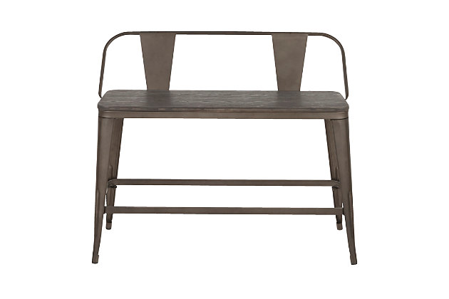 Versatile and stylish with an industrial feel, the LumiSource Oregon Counter Bench will take your space from drab to fab! Built to last, the Oregon Counter Bench is strong, yet lightweight, constructed from steel and wood. You'll love the rustic warehouse vibe combined with the timeworn charm.Industrial styling | Fixed counter height | Wood-pressed bamboo grain seat | Sturdy metal construction | Seats two comfortably