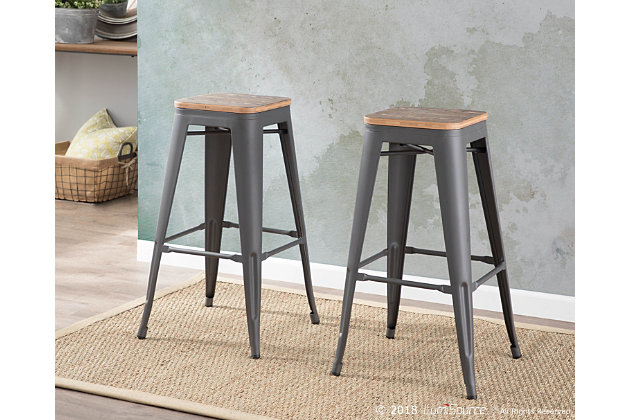 Versatile and stylish with an industrial feel, the LumiSource Oregon Bar Stools will take your space from drab to fab! Use for everyday seating at your bar area or as extra guest seating. Built to last, the Oregon Bar Stool is strong, yet lightweight, constructed from steel and wood. You'll love the rustic warehouse vibe combined with the timeworn charm.Industrial / farmhouse styling | Fixed bar height | Sturdy metal and wood construction | Stackable design | Includes two bar stools