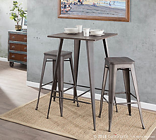 Versatile and stylish with an industrial feel, the LumiSource Oregon Bar Stools will take your space from drab to fab! Use for everyday seating at your bar area or as extra guest seating. Built to last, the Oregon Bar Stool is strong, yet lightweight, constructed from steel and wood. You'll love the rustic warehouse vibe combined with the timeworn charm.Industrial / farmhouse styling | Fixed bar height | Sturdy metal and wood construction | Stackable design | Includes two bar stools