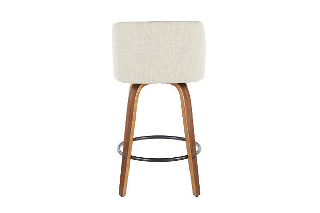 Comfort, modern simplicity, and classic lines define the appealing look of the Toriano Counter Stool by LumiSource. A padded upholstered seat sits on a fixed-height Mid-Century inspired tapered leg base with a round footrest. Available in various colors, choose the one that suits your space best!Mid-century modern styling | Fixed counter height | Cushioned backrest and seat upholstered in fabric | Square built-in footrest with black finish | Includes two counter stools