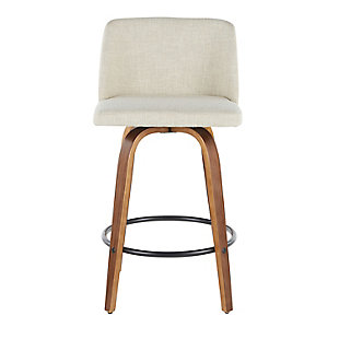 Comfort, modern simplicity, and classic lines define the appealing look of the Toriano Counter Stool by LumiSource. A padded upholstered seat sits on a fixed-height Mid-Century inspired tapered leg base with a round footrest. Available in various colors, choose the one that suits your space best!Mid-century modern styling | Fixed counter height | Cushioned backrest and seat upholstered in fabric | Square built-in footrest with black finish | Includes two counter stools