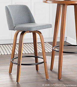 Comfort, modern simplicity, and classic lines define the appealing look of the Toriano Counter Stool by LumiSource. A padded upholstered seat sits on a fixed-height Mid-Century inspired tapered leg base with a square footrest. Available in blue or grey, choose the color that suits your space best!Mid-century modern styling | Fixed counter height | Cushioned backrest and seat upholstered in fabric | Bentwood frame with square built-in footrest with black finish | Includes two counter stools