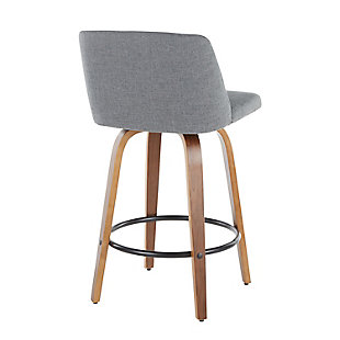 Comfort, modern simplicity, and classic lines define the appealing look of the Toriano Counter Stool by LumiSource. A padded upholstered seat sits on a fixed-height Mid-Century inspired tapered leg base with a square footrest. Available in blue or grey, choose the color that suits your space best!Mid-century modern styling | Fixed counter height | Cushioned backrest and seat upholstered in fabric | Bentwood frame with square built-in footrest with black finish | Includes two counter stools