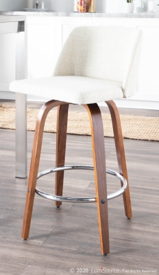 LumiSource Toriano Counter Height Bar Stool (Set of 2), Walnut/Cream/Chrome