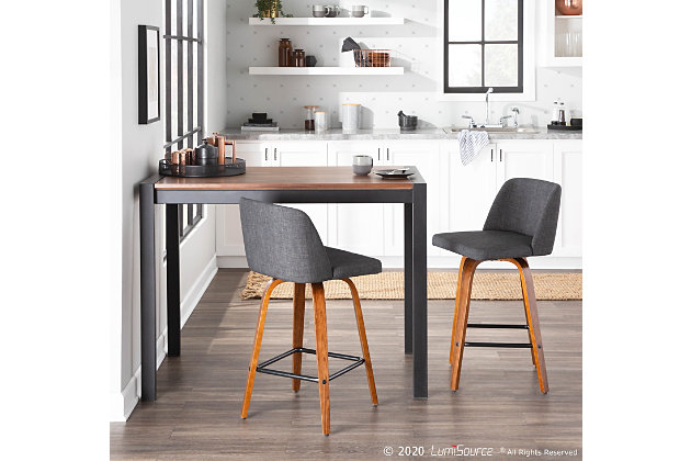 Comfort, modern simplicity, and classic lines define the appealing look of the Toriano Counter Stool by LumiSource. A padded upholstered seat sits on a fixed-height Mid-Century inspired tapered leg base with a round footrest. Available in various colors, choose the one that suits your space best!Mid-century modern styling | Fixed counter height | Cushioned backrest and seat upholstered in fabric | Round built-in footrest with black finish | Includes two counter stools