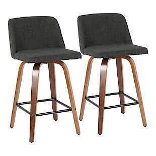 Comfort, modern simplicity, and classic lines define the appealing look of the Toriano Counter Stool by LumiSource. A padded upholstered seat sits on a fixed-height Mid-Century inspired tapered leg base with a round footrest. Available in various colors, choose the one that suits your space best!Mid-century modern styling | Fixed counter height | Cushioned backrest and seat upholstered in fabric | Round built-in footrest with black finish | Includes two counter stools