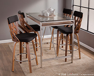 Add Mid-Century flair to your counter or dining area with the LumiSource York Counter Stool. A walnut wood, lattice style backrest is accented by luxurious upholstery and distinctive tapered walnut wood legs. Featuring an armless design and 360-degree swivel capabilities, the York Counter Stool will fit almost anywhere. Available in a variety of color options, choose the one that fits your space the best.Mid-century modern styling | Fixed counter height | Padded seat upholstered in stylish fabric | Lattice back with walnut finish | Round metal footrest