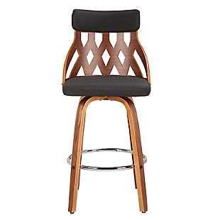 Add Mid-Century flair to your counter or dining area with the LumiSource York Counter Stool. A walnut wood, lattice style backrest is accented by luxurious upholstery and distinctive tapered walnut wood legs. Featuring an armless design and 360-degree swivel capabilities, the York Counter Stool will fit almost anywhere. Available in a variety of color options, choose the one that fits your space the best.Mid-century modern styling | Fixed counter height | Padded seat upholstered in stylish fabric | Lattice back with walnut finish | Round metal footrest