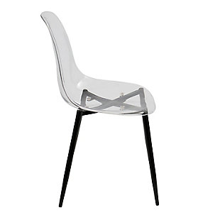 Flexible and comfortable the Clara Chair features a polycarbonate seat with an exciting variety of metal base options. Versatile, the Clara can be used as stylish accent chair or a dining chair.Mid-century modern styling | Clear backrest and seat | Sturdy metal legs | Great for use as dining or accent chairs | Includes 2 chairs