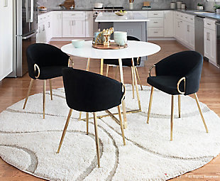 Chic modern style shines bright with the unique design of the Claire Chair. With a rounded low backrest, stylish gold armrests and a gold metal frame, it’s the perfect piece for your contemporary dining area. The Claire Chair is upholstered in lush velvet and available in various bold colors.Contemporary/glam styling | Sleek velvet upholstery | Padded seat and backrest | Gold metal legs | Great for use as a dining or accent chair