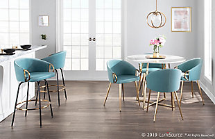Chic modern style shines bright with the unique design of the Claire Chair. With a rounded low backrest, stylish gold armrests and a gold metal frame, it’s the perfect piece for your contemporary dining area. The Claire Chair is upholstered in lush velvet and available in various bold colors.Contemporary/glam styling | Sleek velvet upholstery | Padded seat and backrest | Gold metal legs | Great for use as a dining or accent chair