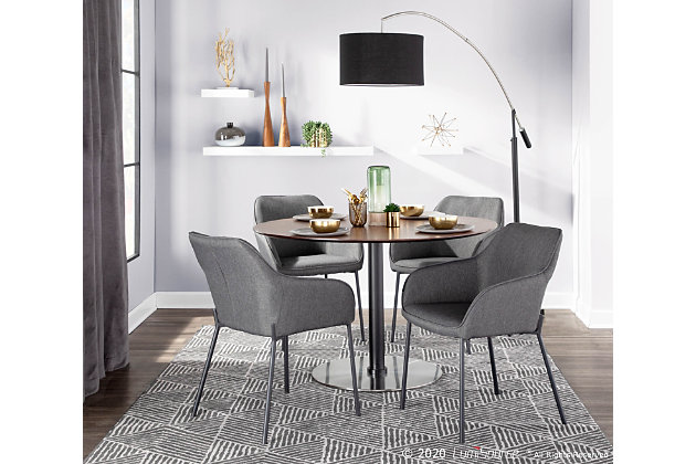 Fall in love with the contemporary style and comfort of the Daniella Dining Chair. The bucket style seat is upholstered in beautiful woven fabric and features stylish metal legs. Available in a variety of upholstery colors, this sleek chair is the perfect addition to any dining or living area.Contemporary styling | Cushioned seat and backrest | Stylish fabric upholstery | Sturdy black metal legs | Includes two chairs