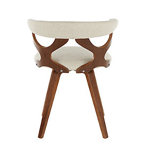The unique cut-out design that forms the back of the LumiSource Gardenia Chair adds visual flair to the design of this great chair, while the swivel seat provides maximum comfort and convenience. The tree-like look of the curved back is accented with padded upholstery, providing superior comfort while bent wood legs give ample stability. Available in various colors, the Gardenia Chair will definitely make a statement.Mid-century modern styling | Cushioned seat, upholstered in fabric | Unique cutout design backrest | Swivel seat | Solid wood leg construction