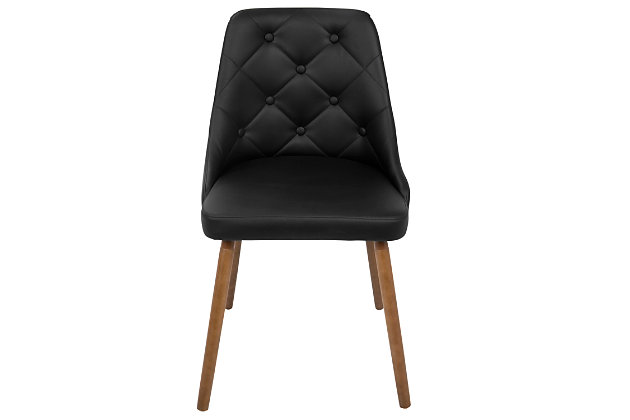 Invite the stylish design of the Giovanni Chair into your home. This elegant design features a fully upholstered frame, plush button tufted backrest and solid wood legs with a walnut finish. Available in a variety of colors, the Giovanni can be used as a dining or accent chair.Mid-century modern styling | Padded seat and backrest for added comfort | Button tufted seat back | Solid wood leg construction | Great for use as a dining or accent chair