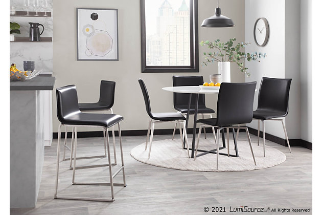 Elegant and modern, the LumiSource Mason Upholstered Chair has a simple design with gorgeous elements. Featuring faux leather upholstery and a swiveling stainless steel base, the Mason Upholstered Chair is perfect for a dining area or an office. Sold in sets of two, pick the color that suits your space the best!Contemporary styling | Stylish faux leather upholstery | Swivel seat | Stainless steel metal base | Includes two chairs