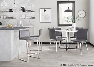 Elegant and modern, the LumiSource Mason Upholstered Chair has a simple design with gorgeous elements. Featuring faux leather upholstery and a swiveling stainless steel base, the Mason Upholstered Chair is perfect for a dining area or an office. Sold in sets of two, pick the color that suits your space the best!Contemporary styling | Stylish faux leather upholstery | Swivel seat | Stainless steel metal base | Includes two chairs