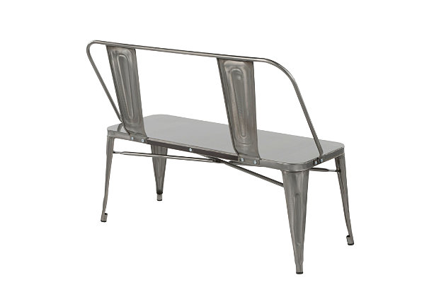 A solid metal bench with side-by-side open back frame creates the epitome of cool. The perfect seat for two, the Oregon Metal Bench by LumiSource has sturdy flared legs and available in a variety of metal finishes to complete your industrial modern or farmhouse space.Industrial styling | Fixed height | Sturdy metal construction | Seats two comfortably | Use as a dining, entryway, or bedroom bench