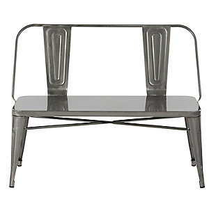 A solid metal bench with side-by-side open back frame creates the epitome of cool. The perfect seat for two, the Oregon Metal Bench by LumiSource has sturdy flared legs and available in a variety of metal finishes to complete your industrial modern or farmhouse space.Industrial styling | Fixed height | Sturdy metal construction | Seats two comfortably | Use as a dining, entryway, or bedroom bench