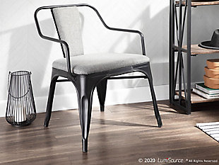 Industrial with a modern flair, the unique design of the Oregon Accent Chair will complement any seating area. A metal frame juxtaposed with a sleek upholstered seat to create the epitome of cool.Sold in a set of two, choose the color that fits your space the best.Industrial styling | Sleek fabric upholstery | Cushioned seat and backrest | Armrest for added comfort | Includes two chairs