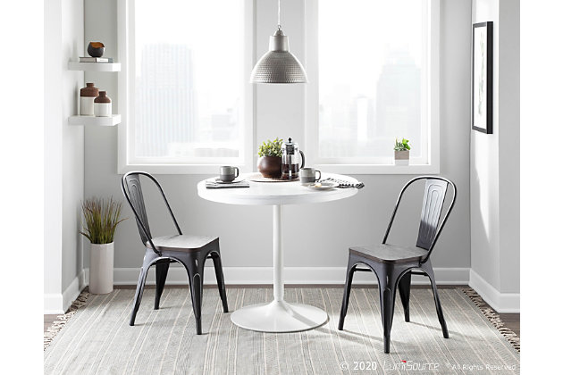 Add a touch of contemporary style to your dining area with the LumiSource Oregon Dining Chair. Industrial inspired with a modern metal frame in a variety of finishes, this on-trend chair is incredibly sturdy and ultra stylish. Featuring clean lines and rustic elements, the Oregon Dining Chair offers a range of versatility that will encourage long conversations around the table with friends.Industrial styling | Fixed dining height | Sturdy metal and wood construction | Stackable design | Includes two chairs