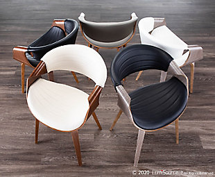 A curvaceous dose of Mid-Century style, the unique design and silhouette of the Symphony Dining Chair will look great at any table! Also great for use as a stylish accent chair. Upholstered in a sleek faux leather accented with vertical tufting and bent wood legs, the Symphony comes in a variety of colors to fit in any room.Mid-century modern styling | Stylish faux leather upholstery | Cushioned seat and backrest | Curved open backrest | Great for use as a dining or accent chair