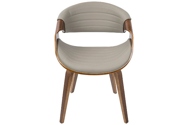 A curvaceous dose of Mid-Century style, the unique design and silhouette of the Symphony Dining Chair will look great at any table! Also great for use as a stylish accent chair. Upholstered in a sleek faux leather accented with vertical tufting and bent wood legs, the Symphony comes in a variety of colors to fit in any room.Mid-century modern styling | Stylish faux leather upholstery | Cushioned seat and backrest | Curved open backrest | Great for use as a dining or accent chair