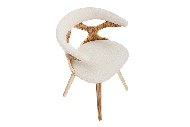 The unique cut-out design that forms the back of the LumiSource Gardenia Chair adds visual flair to the design of this great chair, while the swivel seat provides maximum comfort and convenience. The tree-like look of the curved back is accented with padded upholstery, providing superior comfort while bent wood legs give ample stability. Available in various colors, the Gardenia Chair will definitely make a statement.Mid-century modern styling | Cushioned seat, upholstered in fabric | Unique cutout design backrest | Swivel seat | Solid wood leg construction
