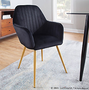 Add an unexpected look of elegance to your living or dining area with the Shelton Chair by LumiSource. Upholstered in velvet and accented by tapered gold metal legs, the Shelton Chair is stunning and comfortable! Available in a variety of colors, choose the one that suits your space best.Contemporary/glam styling | Stylish velvet upholstery | Tapered metal legs | Armrests for added comfort | Great for use as a dining or accent chair