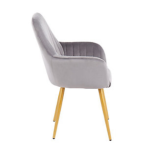 Add an unexpected look of elegance to your living or dining area with the Shelton Chair by LumiSource. Upholstered in velvet and accented by tapered gold metal legs, the Shelton Chair is stunning and comfortable! Available in a variety of colors, choose the one that suits your space best.Contemporary/glam styling | Stylish velvet upholstery | Tapered metal legs | Armrests for added comfort | Great for use as a dining or accent chair