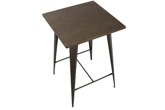 Loo for the perfect piece to achieve the rustic warehouse vibe in your home? You will love the timeworn charm of the LumiSource Oregon Pub Table. Made with steel and wood, the Oregon Pub Table was designed for style and durability. Available in in various finishes, choose the one that you like best!Industrial / Farmhouse styling | Fixed bar height | Sustainable bamboo table top | Sturdy metal frame | Seats two comfortably