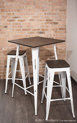 Looking for the perfect piece to achieve the rustic warehouse vibe in your home? You will love the timeworn charm of the LumiSource Oregon Pub Table.  Made with steel and wood, the Oregon Pub Table was designed for style and durability. Available in in various finishes, choose the one that you like best!Industrial / Farmhouse styling | Fixed bar height | Espresso bamboo table top | Sturdy metal frame | Seats two comfortably