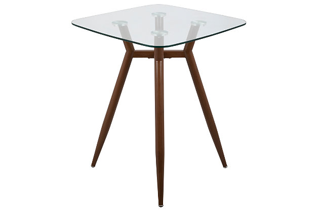 Simplistic and sleek the Clara Counter Table features a geometric metal base, displayed under a clear tempered glass top or a walnut wood top. Available in two leg finishes, choose the one that fits your space best!Mid-Century Modern styling | Fixed counter height | Tempered glass or wood table top | Sturdy metal legs | Seats 4 comfortably