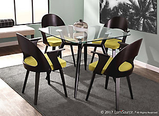 Simplistic and sleek, the Clara Dining Table features geometric metal legs under a clear tempered glass top or a walnut wood top. Available in two leg finishes, pair with the Clara Dining Chair for a complete look!Mid-century modern styling | Fixed dining table height | Tempered glass or wood table top | Sturdy metal base | Seats 4 comfortably