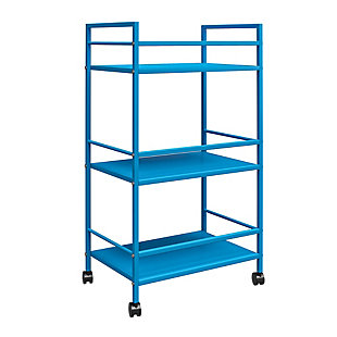 From the living room to the bathroom to the kitchen and beyond, the Novogratz Cache Metal Rolling Cart is a great addition to your home. Featuring a minimalistic style, the Cart has 3 large shelves. Each shelf has 3 wrap-around bars and can hold up to 20 lbs. Place glasses, your favorite drinks, and decanter on the shelves for a stylish bar and serving cart or use as a craft cart or office cart to organize your printer, paper, and craft supplies. Easily roll the Cart from room to room on the 4 casters, 2 of which lock into place. The storage possibilities are endless with this versatile cart. Thanks to the blue powder-coated metal finish, this Cart will add a fun and funky pop of color to any space. The Cart ships flat to your door and requires assembly upon opening. Two adults are recommended to assemble. Once assembled, the Cart measures to be 30.11”H x 16.81”W x 11.4”D.Use the novogratz cache rolling cart anywhere you need to add storage space | The blue finish on the powder-coated metal adds a fun pop of color and can easily be cleaned by wiping with a damp cloth | Three large shelves with wraparound bars on 3 sides allows you to organize glasses, toiletry items, craft supplies, and or make the cart into a fun coffee bar | The rolling casters make it easy to move the cart where ever you need and 2 casters lock to keep the cart in place | The cart ships flat to your door and 2 adults are recommended to assemble. Each shelf can hold up to 20 lbs. Assembled dimensions: 30.11”h x 16.81”w x 11.4”d | 1 year limited warranty is included