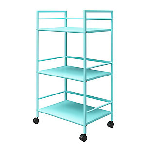 From the living room to the bathroom to the kitchen and beyond, the Novogratz Cache Metal Rolling Cart is a great addition to your home. Featuring a minimalistic style, the Cart has 3 large shelves. Each shelf has 3 wrap-around bars and can hold up to 20 lbs. Place glasses, your favorite drinks, and decanter on the shelves for a stylish bar and serving cart or use as a craft cart or office cart to organize your printer, paper, and craft supplies. Easily roll the Cart from room to room on the 4 casters, 2 of which lock into place. The storage possibilities are endless with this versatile cart. Thanks to the mint powder-coated metal finish, this Cart will add a fun and funky pop of color to any space. The Cart ships flat to your door and requires assembly upon opening. Two adults are recommended to assemble. Once assembled, the Cart measures to be 30.11”H x 16.81”W x 11.4”D.Use the novogratz cache rolling cart anywhere you need to add storage space | The mint finish on the powder-coated metal adds a fun pop of color and can easily be cleaned by wiping with a damp cloth | Three large shelves with wraparound bars on 3 sides allows you to organize glasses, toiletry items, craft supplies, and or make the cart into a fun coffee bar | The rolling casters make it easy to move the cart where ever you need and 2 casters lock to keep the cart in place | The cart ships flat to your door and 2 adults are recommended to assemble. Each shelf can hold up to 20 lbs. Assembled dimensions: 30.11”h x 16.81”w x 11.4”d | 1 year limited warranty is included