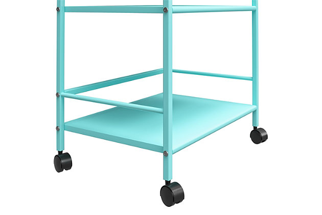 From the living room to the bathroom to the kitchen and beyond, the Novogratz Cache Metal Rolling Cart is a great addition to your home. Featuring a minimalistic style, the Cart has 3 large shelves. Each shelf has 3 wrap-around bars and can hold up to 20 lbs. Place glasses, your favorite drinks, and decanter on the shelves for a stylish bar and serving cart or use as a craft cart or office cart to organize your printer, paper, and craft supplies. Easily roll the Cart from room to room on the 4 casters, 2 of which lock into place. The storage possibilities are endless with this versatile cart. Thanks to the mint powder-coated metal finish, this Cart will add a fun and funky pop of color to any space. The Cart ships flat to your door and requires assembly upon opening. Two adults are recommended to assemble. Once assembled, the Cart measures to be 30.11”H x 16.81”W x 11.4”D.Use the novogratz cache rolling cart anywhere you need to add storage space | The mint finish on the powder-coated metal adds a fun pop of color and can easily be cleaned by wiping with a damp cloth | Three large shelves with wraparound bars on 3 sides allows you to organize glasses, toiletry items, craft supplies, and or make the cart into a fun coffee bar | The rolling casters make it easy to move the cart where ever you need and 2 casters lock to keep the cart in place | The cart ships flat to your door and 2 adults are recommended to assemble. Each shelf can hold up to 20 lbs. Assembled dimensions: 30.11”h x 16.81”w x 11.4”d | 1 year limited warranty is included