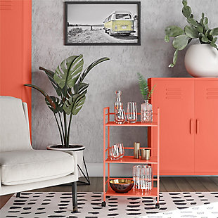 From the living room to the bathroom to the kitchen and beyond, the Novogratz Cache Metal Rolling Cart is a great addition to your home. Featuring a minimalistic style, the Cart has 3 shelves. Each shelf has 3 wrap-around bars and can hold up to 20 lbs. Place glasses, your favorite drinks, and decanter on the shelves for a stylish bar and serving cart or use as a craft cart or office cart to organize your printer, paper, and craft supplies. Easily roll the Cart from room to room on the 4 casters, 2 of which lock into place. The storage possibilities are endless with this versatile cart. Thanks to the orange powder-coated metal finish, this Cart will add a fun and funky pop of color to any space. The Cart ships flat to your door and requires assembly upon opening. Two adults are recommended to assemble. Once assembled, the Cart measures to be 30.11”H x 16.81”W x 11.4”D.Use the novogratz cache rolling cart anywhere you need to add storage space | The orange finish on the powder-coated metal adds a fun pop of color and can easily be cleaned by wiping with a damp cloth | Three shelves with wraparound bars on 3 sides allows you to organize glasses, toiletry items, craft supplies, and or make the cart into a fun coffee bar | The rolling casters make it easy to move the cart where ever you need and 2 casters lock to keep the cart in place | The cart ships flat to your door and 2 adults are recommended to assemble. Each shelf can hold up to 20 lbs. Assembled dimensions: 30.11”h x 16.81”w x 11.4”d | 1 year limited warranty is included